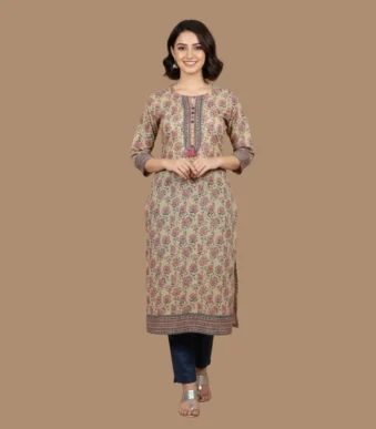 Beige Floral Printed Shirt with Elegant Neck Embroidery