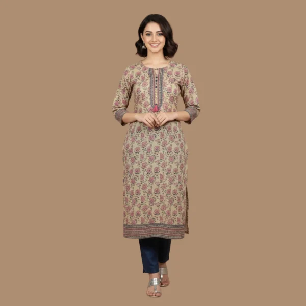 Beige Floral Printed Shirt with Elegant Neck Embroidery