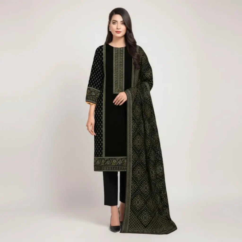 Classic Black & Gold Printed 3-Piece Lawn Suit with Dupatta