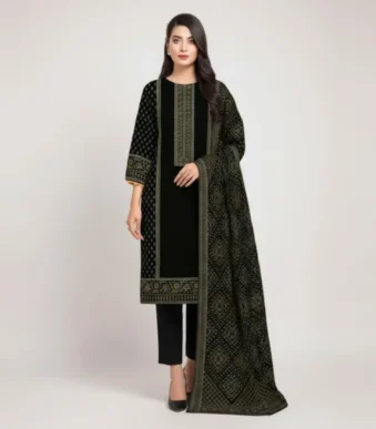 Classic Black & Gold Printed 3-Piece Lawn Suit with Dupatta
