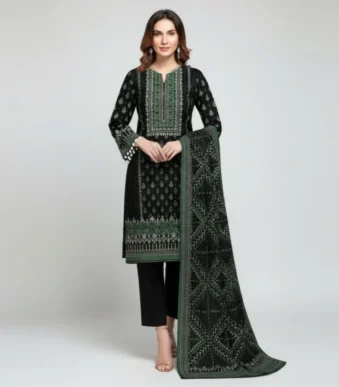 Classic Black & Green Printed 3-Piece Lawn Suit