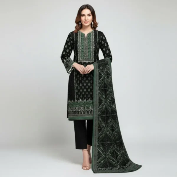 Classic Black & Green Printed 3-Piece Lawn Suit
