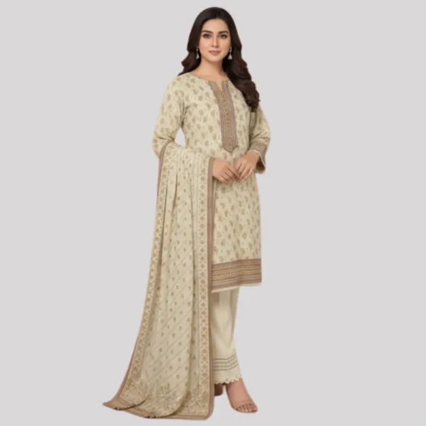 Classic Off-White Printed 3-Piece Unstitched Lawn Suit