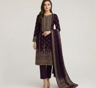 Deep Purple Printed Khaddar 3-Piece Suit