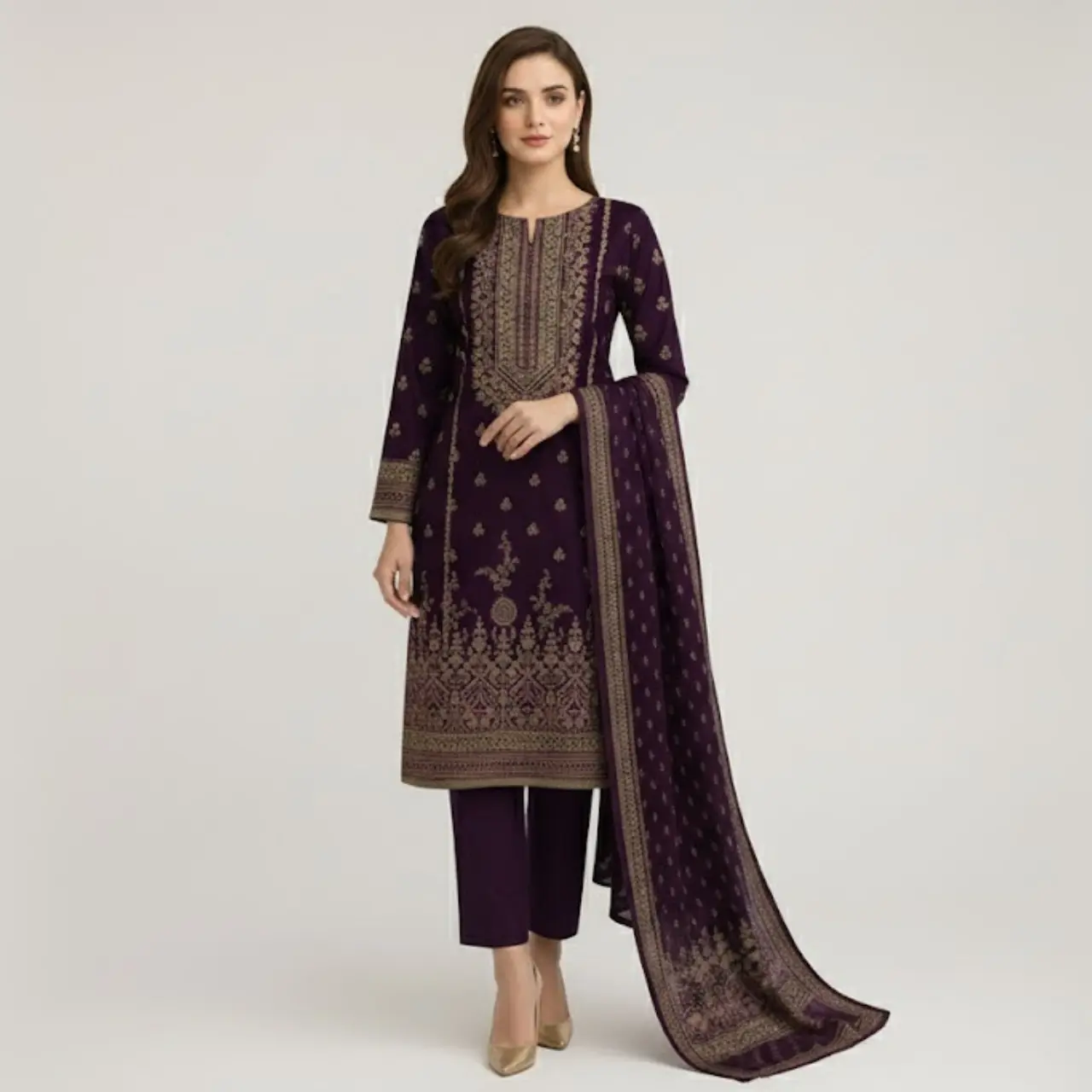 Deep Purple Printed Khaddar 3-Piece Suit Deep Purple Printed Khaddar 3-Piece Suit