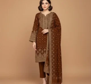 Elegant Brown Printed 3-Piece Unstitched Lawn Suit