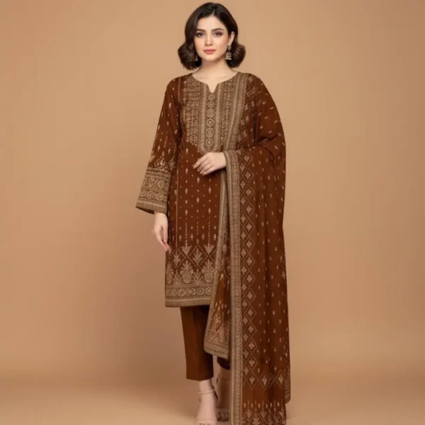 Elegant Brown Printed 3-Piece Unstitched Lawn Suit
