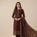 Maroon Printed Khaddar 3-Piece Suit