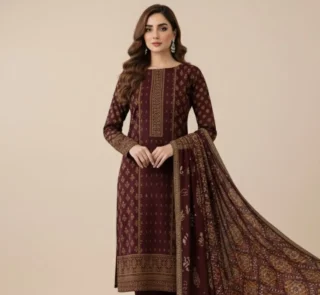 Maroon Printed Khaddar 3-Piece Suit