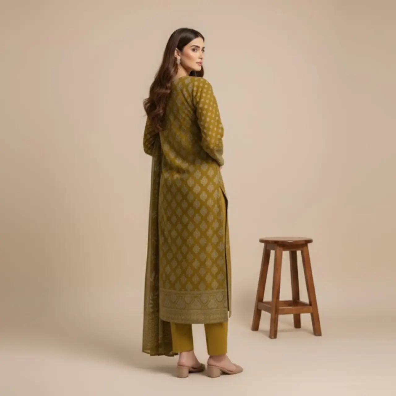Mustard Printed Khaddar 3-Piece Suit