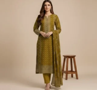 Mustard Printed Khaddar 3-Piece Suit