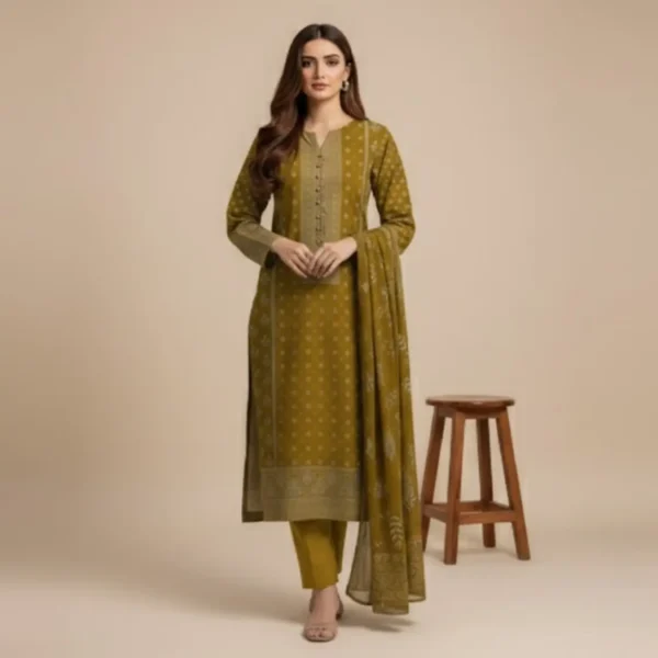 Mustard Printed Khaddar 3-Piece Suit