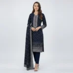 Navy Blue Printed 3-Piece Suit with Elegant Detailing