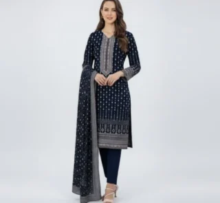 Navy Blue Printed 3-Piece Suit with Elegant Detailing