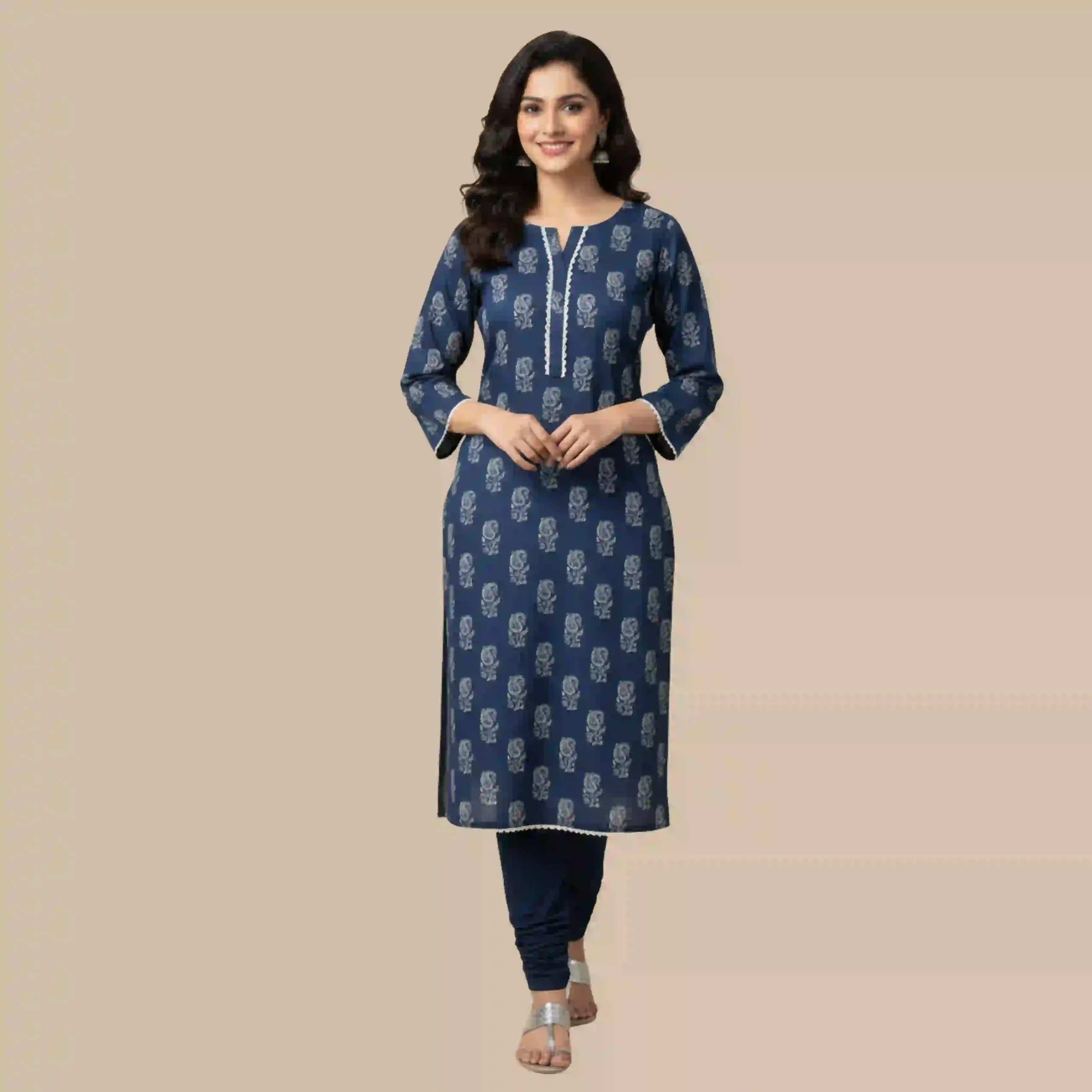 Navy Blue Printed Cotton Shirt for Women