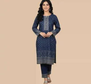 Navy Blue Printed Shirt with Embroidered Neck and Border Detailing