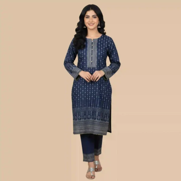 Navy Blue Printed Shirt with Embroidered Neck and Border Detailing