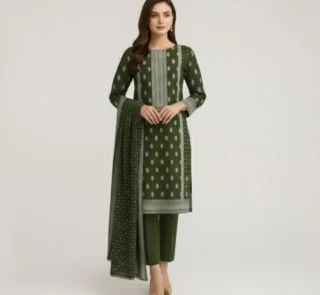 Olive Green Printed 3-Piece Lawn Suit