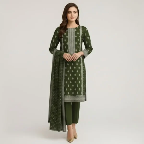 Olive Green Printed 3-Piece Lawn Suit