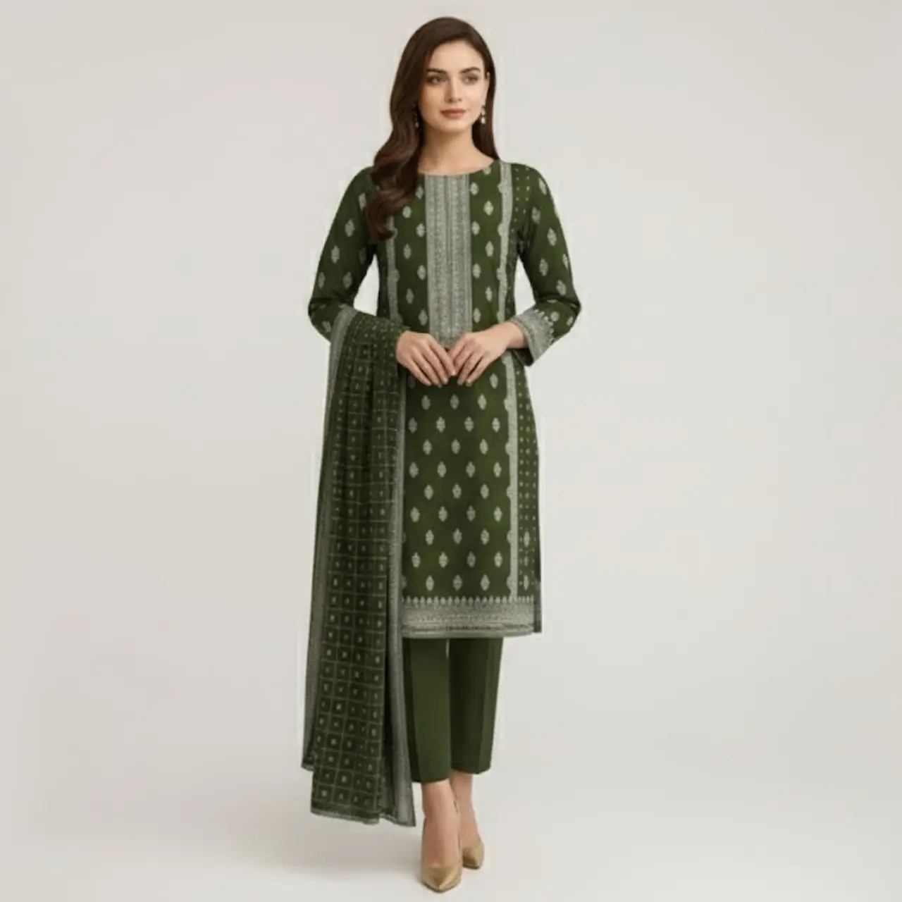Olive Green Printed 3-Piece Lawn Suit