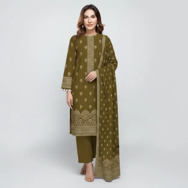 Olive Green Printed Cotton Suit Set
