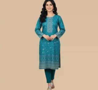 Teal Blue Printed Shirt with Embroidered Neck Design