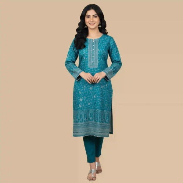 Teal Blue Printed Shirt with Embroidered Neck Design