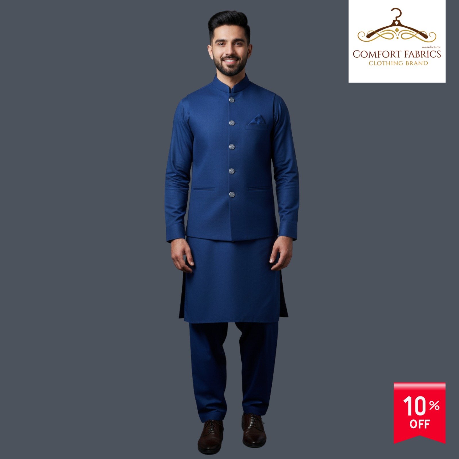 Royal Blue Men’s Wash & Wear Shalwar Kameez with Stylish Waistcoat – Comfort Fabrics | 10% OFF - Image 1