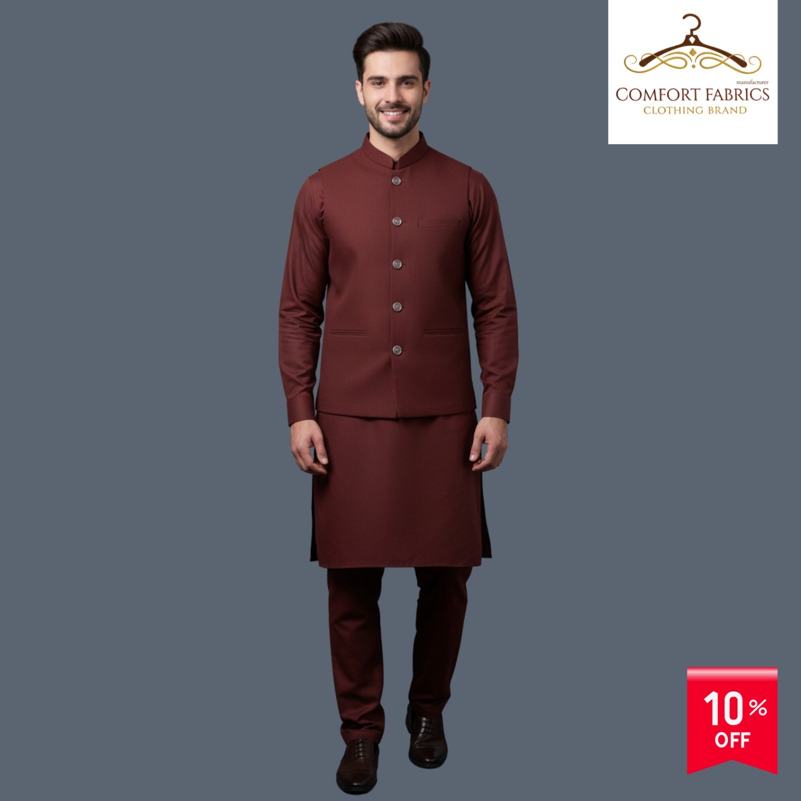 WhatsApp Image 2025-11-12 at 12.09.29 PM Premium Maroon Men’s Wash & Wear Shalwar Kameez with Waistcoat – Comfort Fabrics (10% OFF) - Image 1